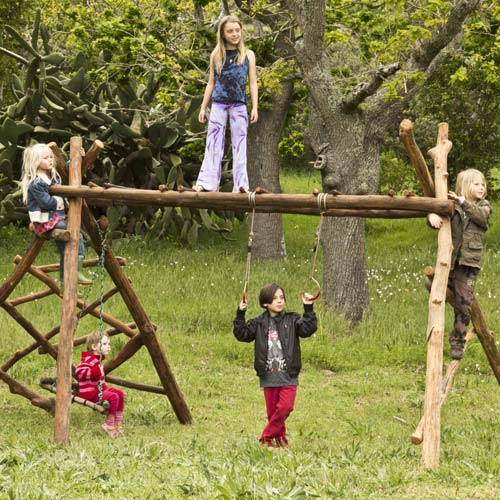 wooden jungle gym with monkey bars